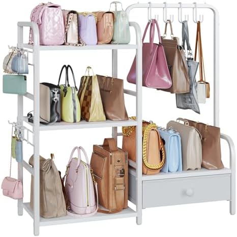Purse Organizer for Closet, with Bottom Drawer, Extra Large Capacity 3 Tier Handbag Storage Rack for Women, 10 Purse Hanger and Hooks for Bag Organizer, Floor-Standing, Home, Living Room (White) by Nuoex