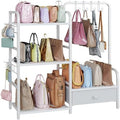 Purse Organizer for Closet, with Bottom Drawer, Extra Large Capacity 3 Tier Handbag Storage Rack for Women, 10 Purse Hanger and Hooks for Bag Organizer, Floor-Standing, Home, Living Room (White) by Nuoex