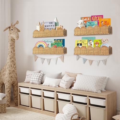 VIVIKA Nursery Book Shelves, Natural Rattan Scalloped, 15.8" W, Set of 2 - Image 4