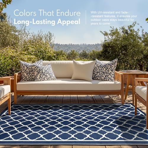 Waterproof Outdoor Rug 9x18 ft, Reversible Plastic Straw Rug, Easy to Clean Patio Rug, Portable Carpet for Patio, RV, Deck, Balcony, Backyard, Picnic, Beach, Clover, Navy Blue - Image 4