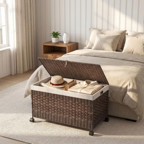 HOOBRO Storage Basket with Lid, 42.3 Gallon (160 L) Woven Storage Bin with Wheels, Wicker Basket with Handles, Foldable, Removable Liner, Metal Frame for Bedroom, Laundry Room, Brown BR246CW01 - Image 2