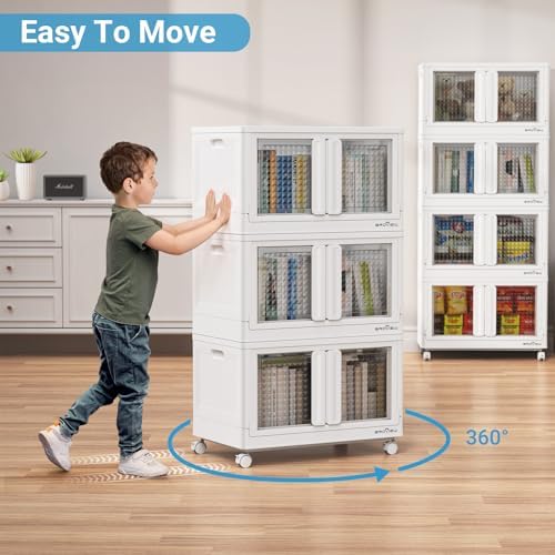 BROVIEW 300 Qt Stackable Storage Bins with Lids & Doors, 3 Pack Plastic Closet Organizer and Storages Drawers with Wheels, Large Collapsible Storage Boxes, Cabinet for Home, Office, V10, White - Image 6