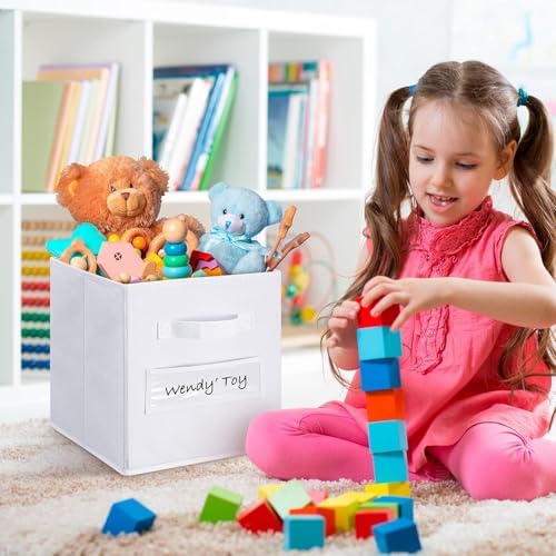 13x13x13 storage cube bins (Set of 10) Fabric storage cubes with 10 Labels Window Cards & a Pen, storage cubes 13x13, Collapsible 13 inch cube storage bins, Cubby Organizer Boxes, White - Image 5
