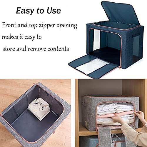 Large Capacity Clothes Storage Bags,Stackable Storage Organizer with Foldable Metal Frame, Zipper, Handles, Clear Window, Navy, 3 Pack) - Image 4