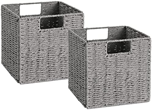 Vagusicc Wicker Storage Basket, Set of 2 Hand-Woven Storage Baskets for Shelves with Handles, Foldable Cube Storage Baskets Bins Organizer 13 inch Large Wicker Baskets for Pantry Bedroom Decor, Grey by Vagusicc