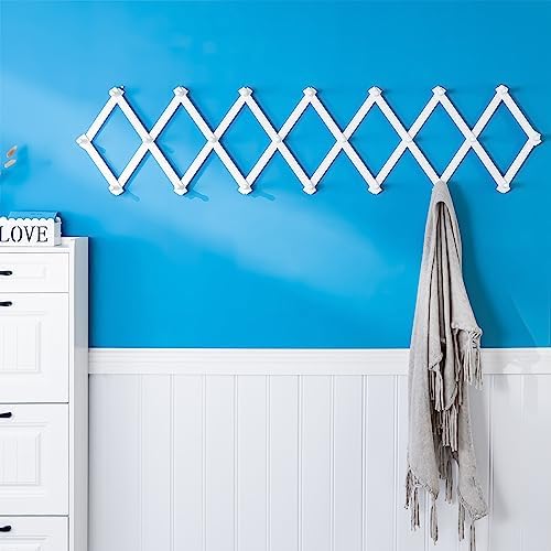 SKOLOO Accordion Wall Hanger with 22 Hooks, Modern Expandable Coat Rack Hat Rack for Wall, Solid Wooden, White - Image 2