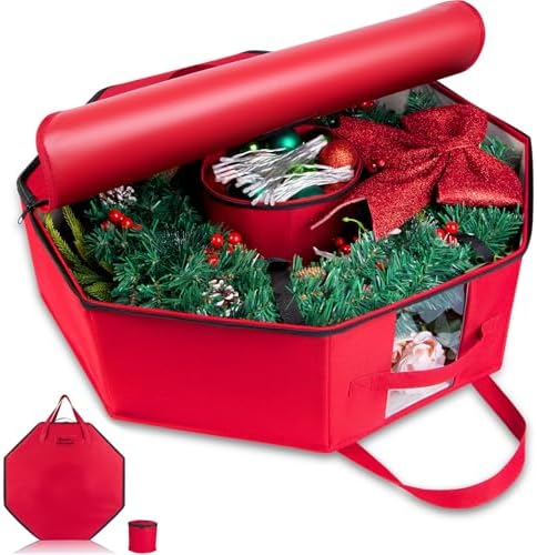 BrilliantJo Wreath Storage Christmas Garlands Bag with Interior Pockets Large Xmas Container Box for holiday Decorations Case with Dual Zipper and Handles Window Labeling Card Slot 24" Red by BrilliantJo