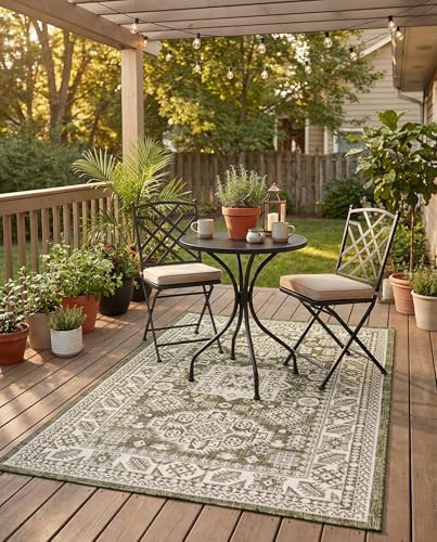 Rugs.com - Outdoor Aztec Rug – 3' 1 x 5' 3 Green Indoor/Outdoor Rug – Weather Resistant Flatweave for Patios, Decks, and Porches by Rugscom