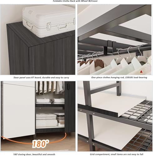 Foldable Portable Closet Wardrobe on Wheel 2000Ibs Heavy-Duty Clothe Rack with Cover Freestanding Metal Clothing Rack Armoire Storage System Rolling Garment Racks (Wood Grain Black, 59in) - Image 7