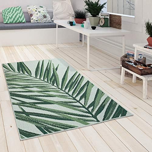 Paco Home Outdoor Rug Green Beige with Palm Leaf Pattern for Patio Terrace Flat Weave, Size: 4'7" x 6'7" - Image 2