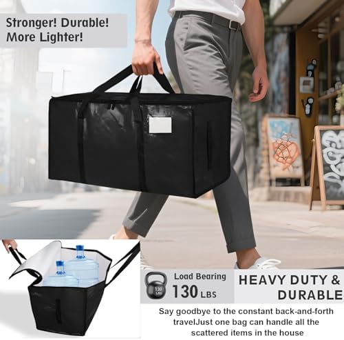 12 Pack-Extra Large Heavy Duty Moving Bags - Waterproof Storage Totes with Handles & Zippers, Foldable for College Dorm, Storage (Black) - Image 3