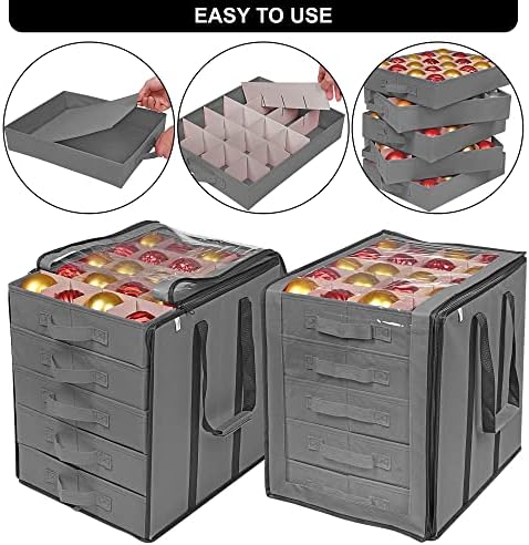 ProPik Christmas Ornament Storage Boxes with Dividers - 5 Separate Trays - Ornament Holder - Keeps 100 Holiday Ornaments - Durable Carrying Bag Handles Organizer Storage Box (Gray) - Image 3
