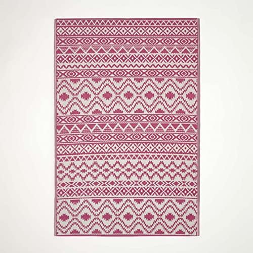 HOMESCAPES Luxury Large Outdoor Rugs for Garden Patio Waterproof 100% Recycled Plastic Mat Carpet 120 x 180cm Reversible White & Pink Geometric Rug “Tia”, Indoor/Outside & Portable, Seamless by HOMESCAPES