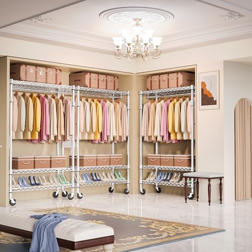 M MZG Heavy Duty Rolling Garment Rack 3 Tiers Adjustable Wire Shelving Clothes Rack with Rods and Side Hooks,Storage Closet Clothing Rack with Wheels Chrome 17.7" D x 47.2" W x 83.6" H - Image 3