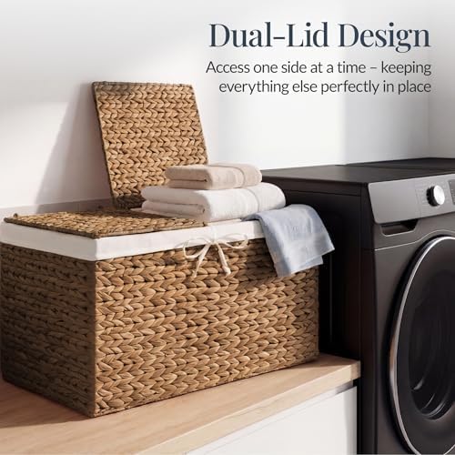 Best Choice Products Wicker Storage Basket W/ 2 Separate Lids, Rattan Woven 17.2 Gallon (65L) Basket, Foldable, Removable Washable Liner Bags for Toys, Linens, Blankets, & Laundry - Chestnut - Image 6
