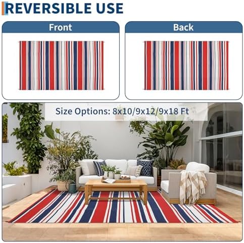 Garvee Outdoor Rug 9 ft x 18 ft Waterproof Plastic Straw Patio Rug, Outdoor Large Area Rug Mats for Camper Indoor Outdoor Carpet for Rv Deck Porch Picnic Beach Balcony (Red/Dark Blue) - Image 4