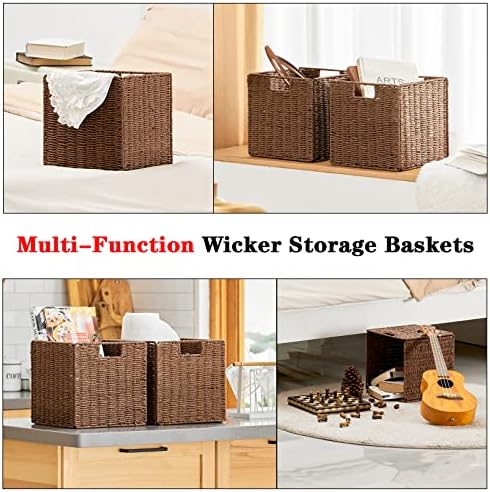 Vagusicc Wicker Basket, Set of 2 Hand-Woven Paper Rope Storage Baskets for Organizing, Foldable Cubby Storage Bins, 11 Inch Large Wicker Storage Basket, Square Baskets Cube Storage Organizer, Brown - Image 2