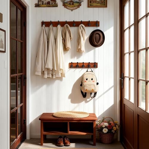 WEBI Rustic Coat Rack Wall Mount,35.43" Long 8 Cast Iron Coat Hooks Wall Mounted,Heavy Duty Farmhouse Wood Coat Hanger Wall Antique Vintage Hooks for Hanging Jacket,Clothes,Backpack,Cherry,2 Packs - Image 2