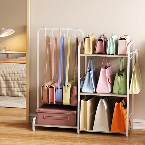 Purse Organizer for Closet, Large Capacity Purse Rack with 2 Purse Hangers and 5 Purse Hooks for Bag Organizer, Freestanding 3-Tier Handbag Organizer for Purse Storage, Ironwood Purse Holder, White - Image 6