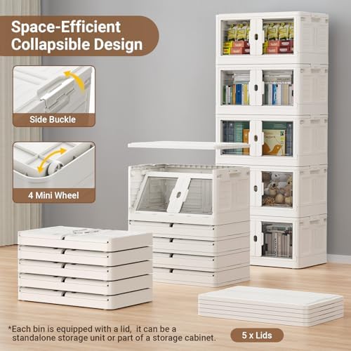 BROVIEW 345Qt Stackable Storage Bins with Lids & Wheels, 3-Pack Large Plastic Collapsible Latching Boxes, Closet Organizers and Storage Cabinet Shelves, for Home Garage Office Organization, V7 White - Image 3