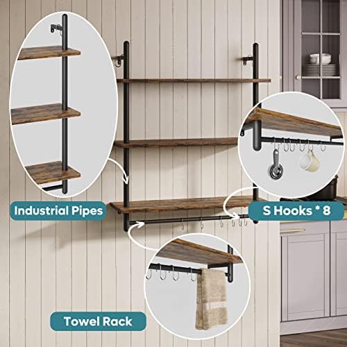 Bestier 3 Tier Industrial Pipe Shelving, Floating Book Shelves for Wall, Storage Hanging Shelves with Towel Bar for Bathroom Organizer Bedroom Kitchen Plants Office. 31.5 Inch Rustic Brown - Image 4