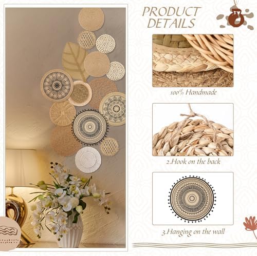 15 Pcs Boho Wall Basket Decor Woven Rattan Seagrass Wall Decor Hanging Rustic Farmhouse Round Handmade Wicker Decoration, Western Art for Living Room Kitchen Bedroom Home Nursery - Image 2