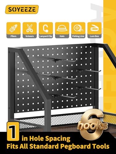 SOYEEZE Fishing Rod Holders for Garage, Fishing Pole Holders Up to 12 Rods with Pegboard and Hooks,Rolling Fishing Cart with Wheels, Fishing Gear Storage For Tackle Box & Reel Organization-6 Hooks - Image 3