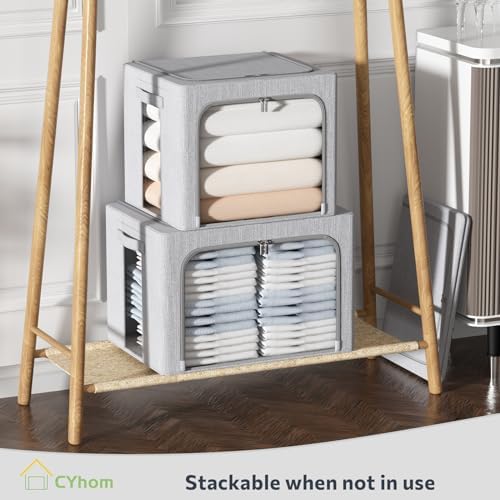 CYhom 2Pack Extra Large Clothes Storage Bins Box - Linen Fabric Foldable Stackable Container Organizer Set with Clear Window & Carry Handles & Metal Frame (Light Grey, Extra Large-100L) - Image 6