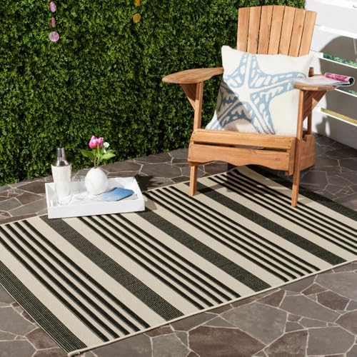 SAFAVIEH Courtyard Collection CY6062 Stripe Indoor/ Outdoor Non-Shedding Easy--Cleaning Patio Backyard Porch Deck Mudroom Accent Area--Rug, 4' x 5'7", Black / Bone by Unknown
