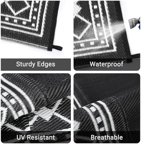 GlowSol 10x14 Outdoor Rug Waterproof Reversible Camping Mat, Plastic Straw Rug for RV Deck Backyard Porch Balcony Lawn & Beach, Easy Cleaning Outdoor Patio Rugs for Outside Decor, Black/White - Image 5
