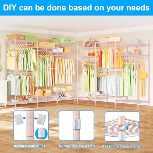 Ulif E13 Heavy Duty Clothes Rack（With 4 Hanger Rods & 8 Shelves） Freestanding Clothing Racks for Hanging Clothes，Adjustable Closet Organizer，Metal Garment Rack 63" W x16 D x77 H，Max Load 900LBS，Pink - Image 4