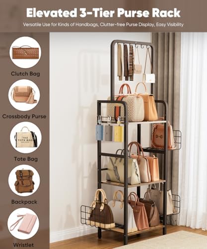 3-Tier Tall Purse Organizer Rack Stand, Bag Storage Holder, Black - Image 5