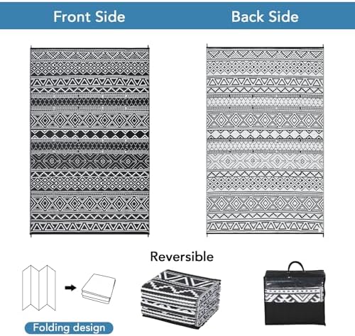 Large Outdoor Rug 10x14 Plastic Straw Rug for Patio Boho Reversible Mats Waterproof Camping Rug for RV Camping Beach Deck Picnic Backyard Camping Porch Easy Cleaning Floor Mat Black White - Image 5