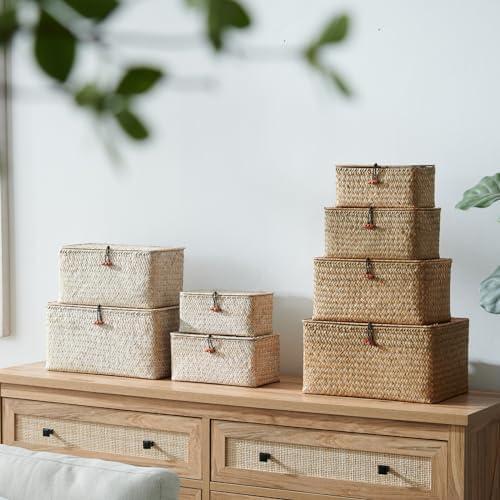 4 Pack, Wicker Baskets with Lids, Natural Seagrass Storage Baskets, Woven Rectangular Basket Bins, Rattan Storage Organizer for Shelf (Whitewashed, Set of 4) - Image 3