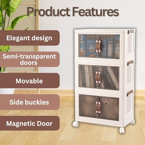 30 QT 3 Tier Folding Storage Bins with Doors – Magnetic Door Foldable Storage Cabinet - Folding Storage Box with Leather Handles - Stackable and Collapsible Storage Container for Books, Pantry - Image 2