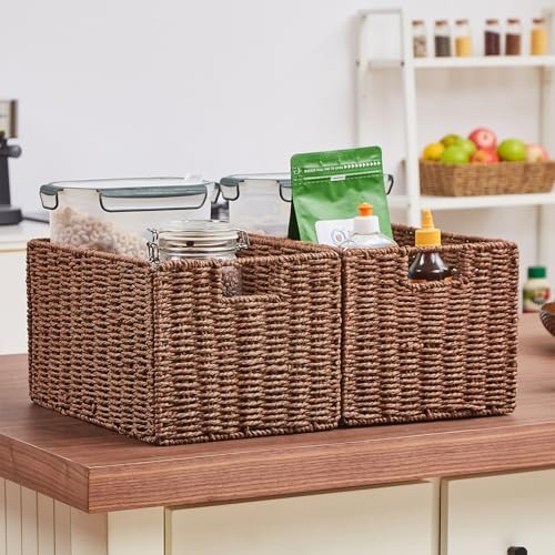 Vagusicc Wicker Storage Basket, Set of 2 Hand-Woven Paper Rope Wicker Basket, Small Storage Baskets for Organizing Toilet Paper Basket, Foldable Large Cube Storage Organizer Bins for Shelves (Brown) - Image 6