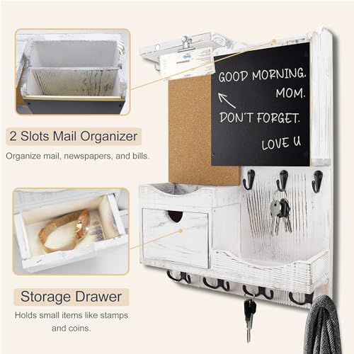 Key Holder Wall Mount with Drawer and Mail Organizer, Whitewashed - Image 6