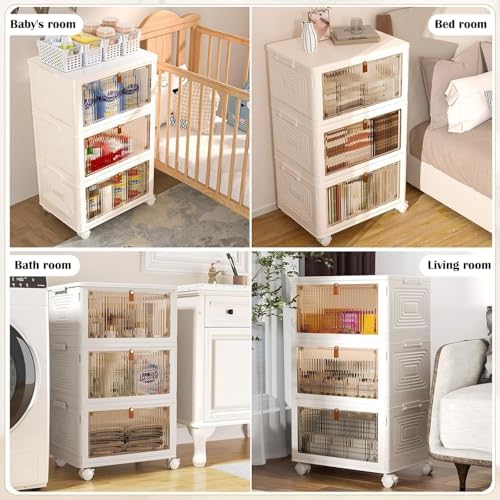 YFXCVSL 3 Tier Plastic Storage Bins with Lids 35QT, Stackable Storage Containers with Wheels, Folding Storage Boxes, Extra Large Collapsible Storage Bins, White - Image 5