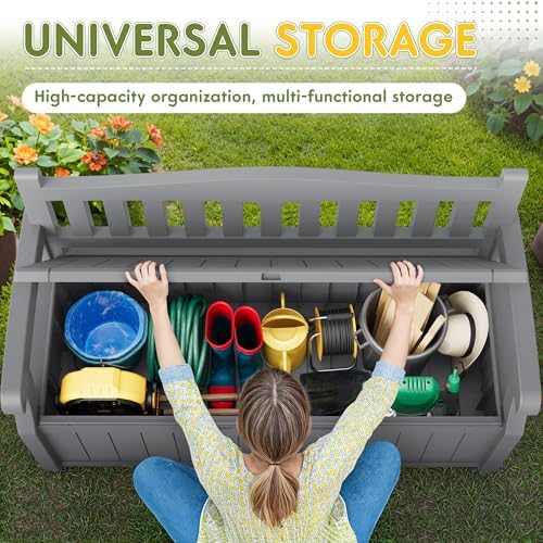 Greesum 80 Gallon Storage Bench Outdoor Deck Box with Armrest, Grey - Image 5