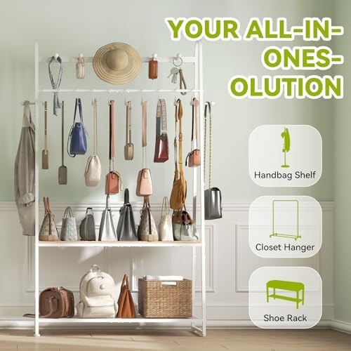 KAFAHOM Purse Rack, Purse Organizer for Closet - Tall Purse Shelf with 8 Hooks & 10 Removable Hangers to Hold Handbags, Backpacks, Pocketbooks., Perfect Purse Display Stand & Storage Tree,White - Image 3