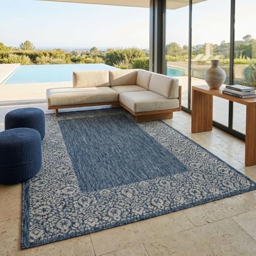 Unique Loom Outdoor Border Collection Area Rug - Floral Border (5' 1" x 8' Rectangle, Blue/ Ivory) - Image 3