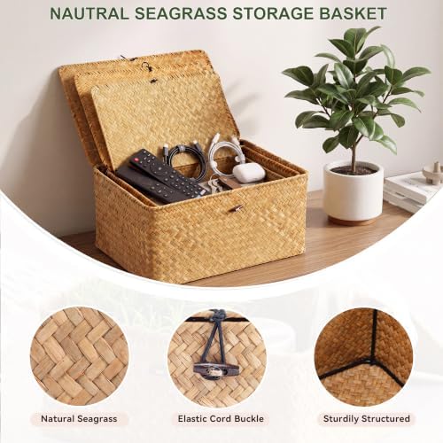 Nonam Large Wicker Basket with Lid,Seagrass Shelf Basket Set of 3,Nautral - Image 5