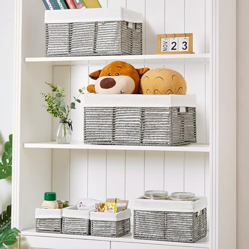 Vagusicc Wicker Storage Basket, 6 Pack Baskets for Organizing, Wicker Baskets with Handle, Rectangular Wicke Basket for Storage Shelves, Cube Storage Bins for Closet/Clothes/Dresser, Grey - Image 4