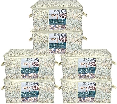 Kuber Industries Foldable Underbed Storage Bag|Organizer For Clothes Large|Non-Woven Comforter, Blanket Cover|Metalic Print & Side Handle|Pack of 6 (Brown & Cream) by Kuber+Industries