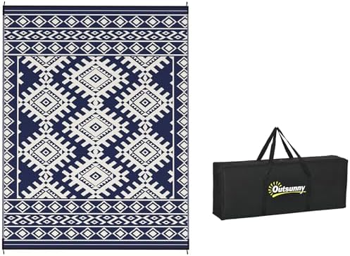 Outsunny Outdoor Rug for Patio Waterproof 9' x 12' Blue & White Rhombus by Outsunny