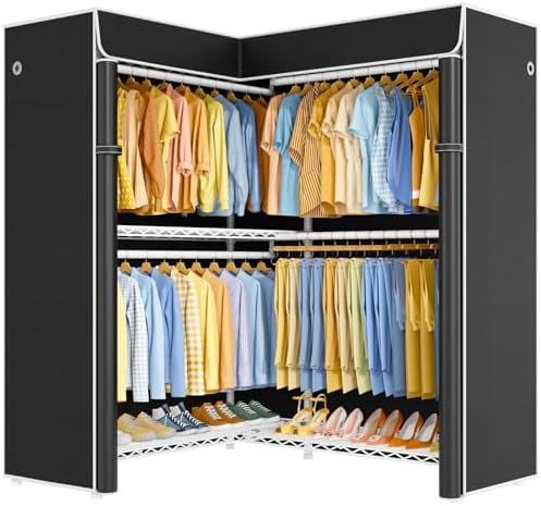 ULIFHOME E15C Pro Garment Rack L Shaped Clothes Rack for Corner，Freestanding Clothing Racks for Hanging Clothes，Heavy Duty Closet System 48.8"W x 15.8"D x 78.4"H，White Rack with Black Dustproof Cover by UlifHome