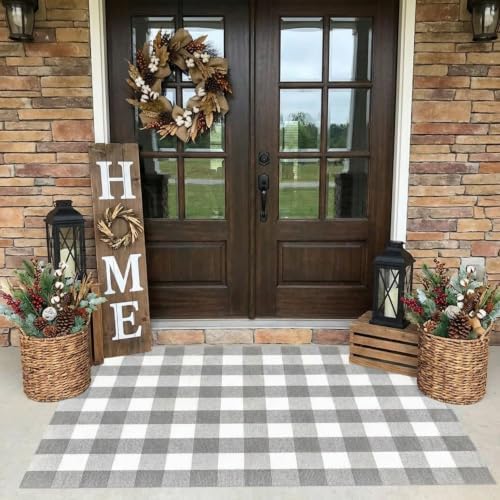 MUBIN Cotton Buffalo Plaid Rug, 4' x 6' Gray White Outdoor Rug Decorative Mat, Washable Large Doormat Hand-Woven Foldable Area Rug for Outdoor Patio Indoor Living Room Dining Room Kitchen - Image 4