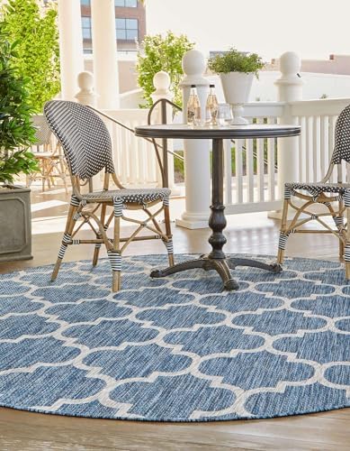 Unique Loom Outdoor Trellis Collection Area Rug (10' Round Navy Blue/Ivory) - Image 2