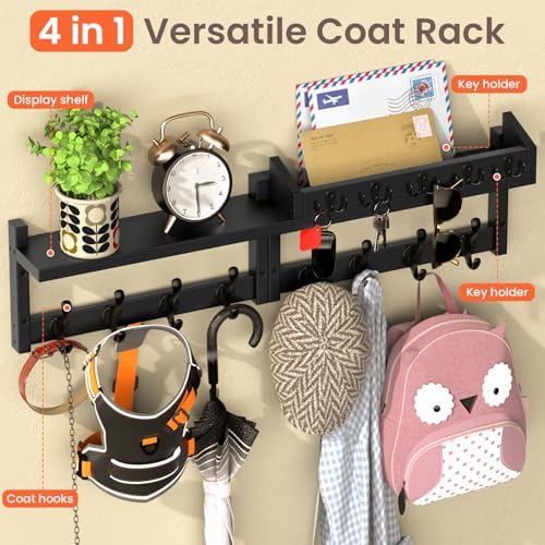 35'' Black Coat Rack Wall Mount with Shelf, Solid Wood Coat and Key Hanger with 13 Metal Hooks, Farmhouse Wall Organizer for Mail, Entryway Wall Hangers for Hats, Clothes, Backpacks - Image 5