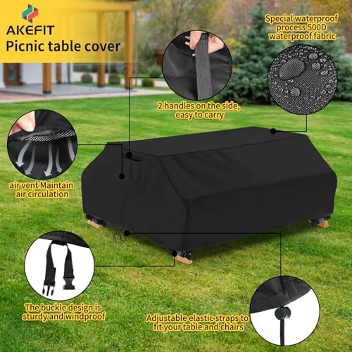 AKEfit Waterproof Picnic Table Covers 6FT Heavy Duty Oxford Cloth Wind Dust Proof Anti-UV Outdoor Indoor Patio Picnic Table Bench Cover 70/72 Inch,Black - Image 4